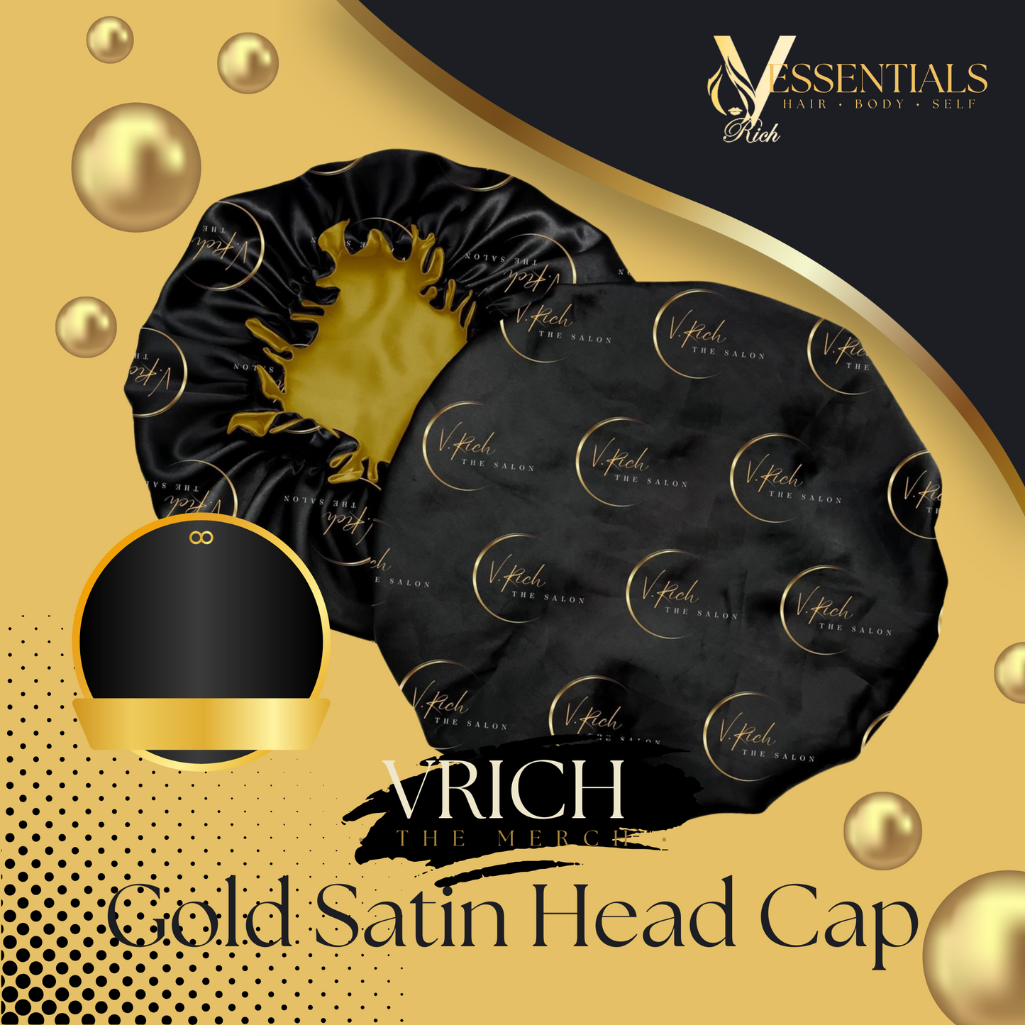 Gold Satin-Lined Black Haircap from VRICH The Salon Merch Store
