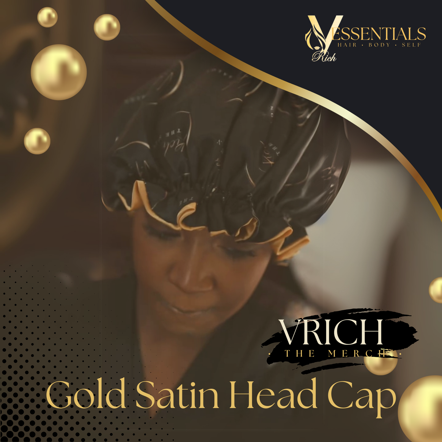 Gold Satin-Lined Black Haircap from VRICH The Salon Merch Store
