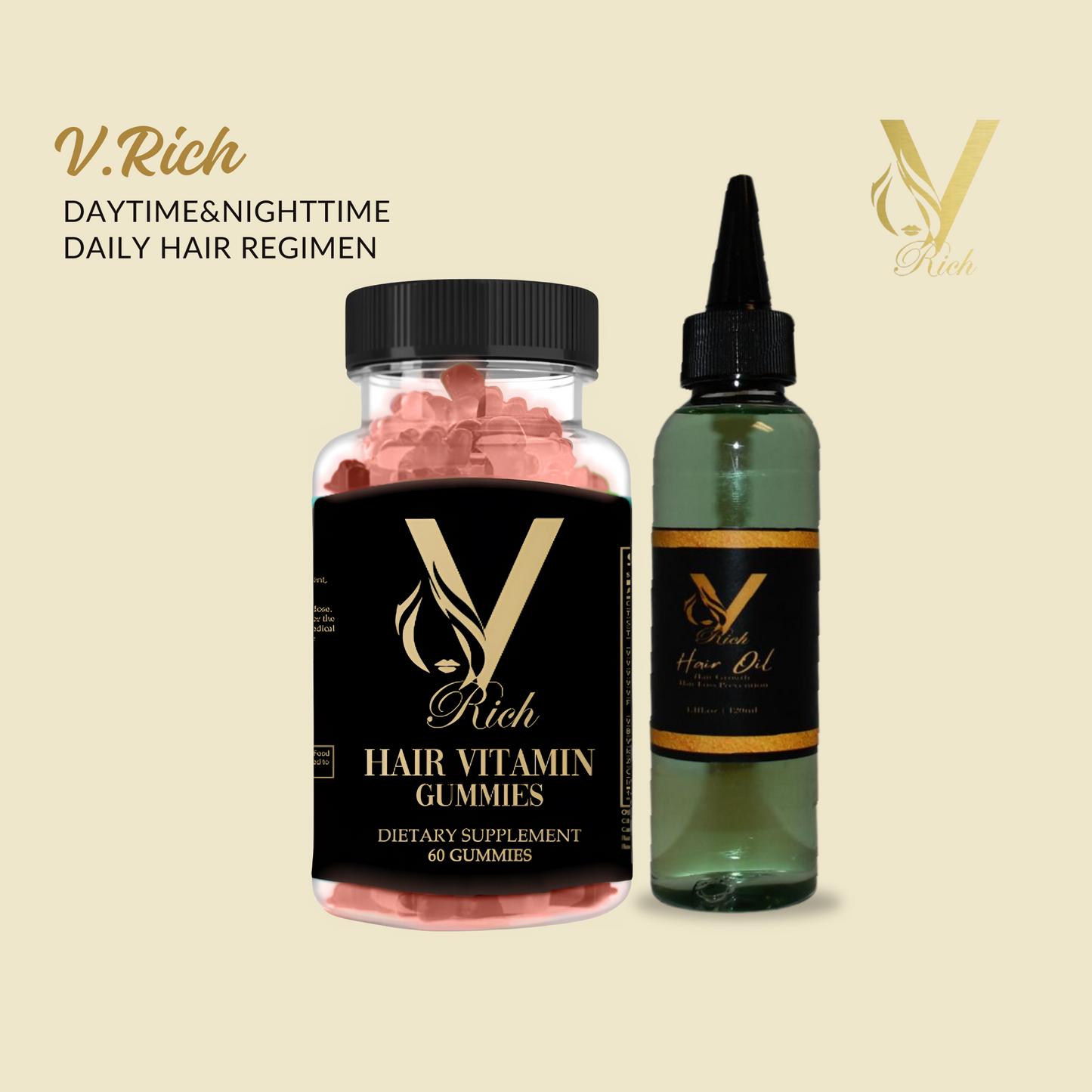 V.RICH Hair Oil + Hair Vitamin Gummies – Your Day-to-Night Hair Care Regimen